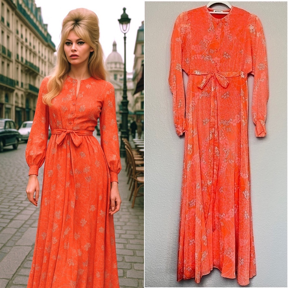 VINTAGE DIOR 1963-‘64 Neon Orange Floral Button Front Tie Chiffon Maxi Dress XS
